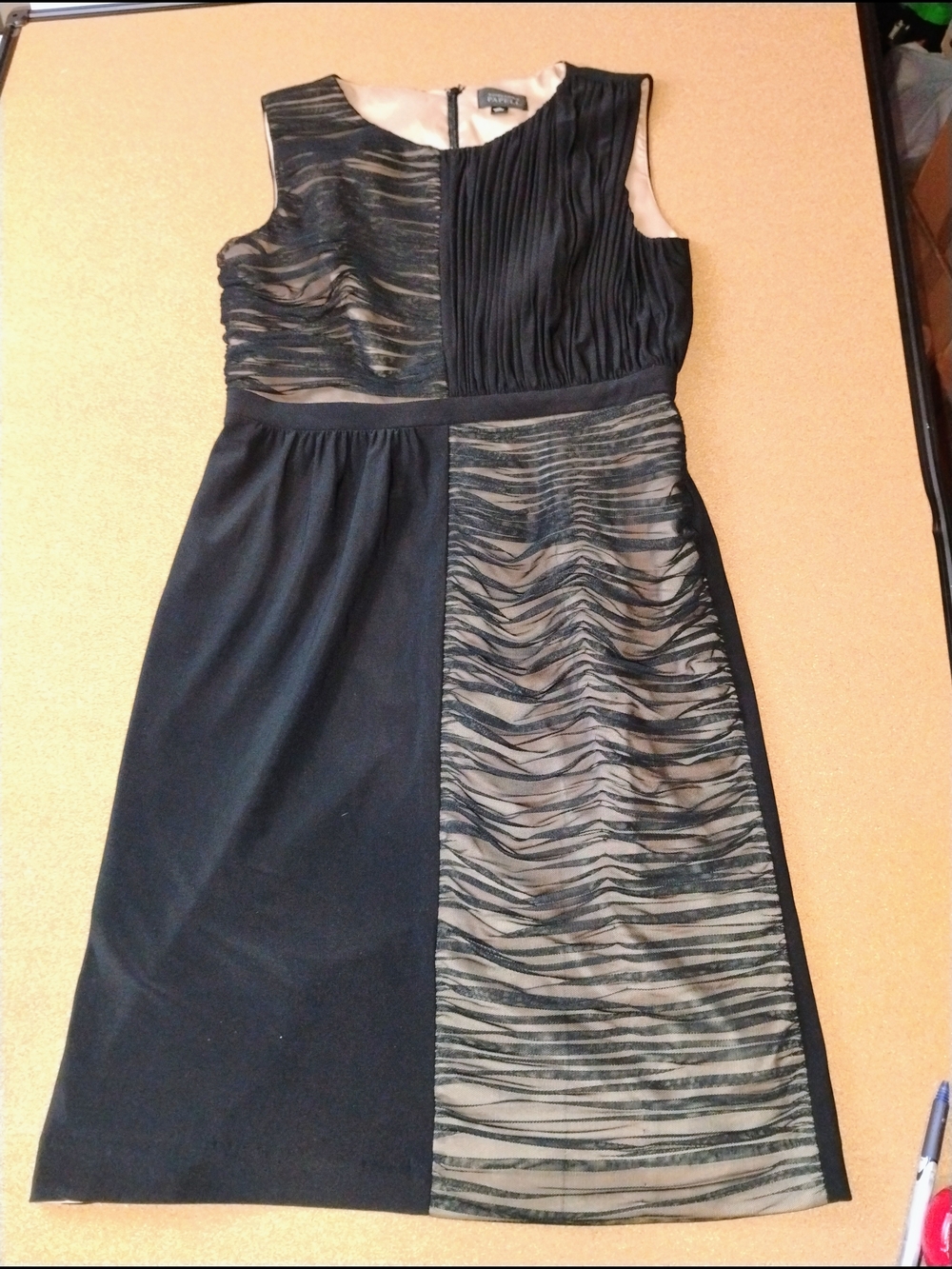 Adrianna Papell Women's Cinched Ruched Sleeveless Midi Dress SZ 10 Black Beige